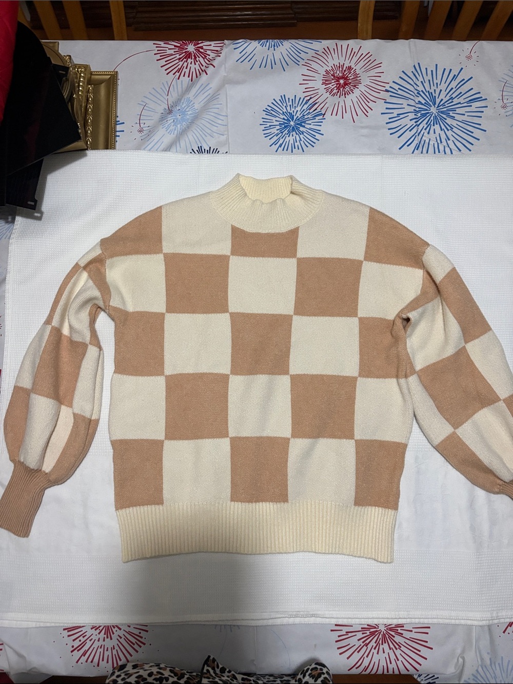 NWOT tan and cream block checkered pattern turtleneck sweater
